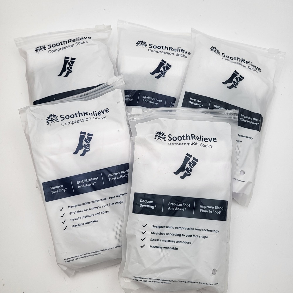(5 Pair) SoothRelieve Compression Socks Mens Womens Medium White‎ Open Toe